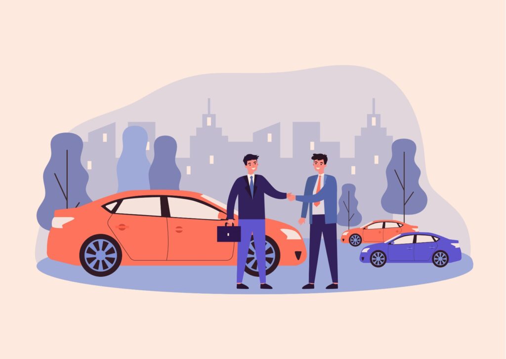 Illustration of two men shaking hands next to a new red car with a red and blue car in the background for CRI car leasing.
