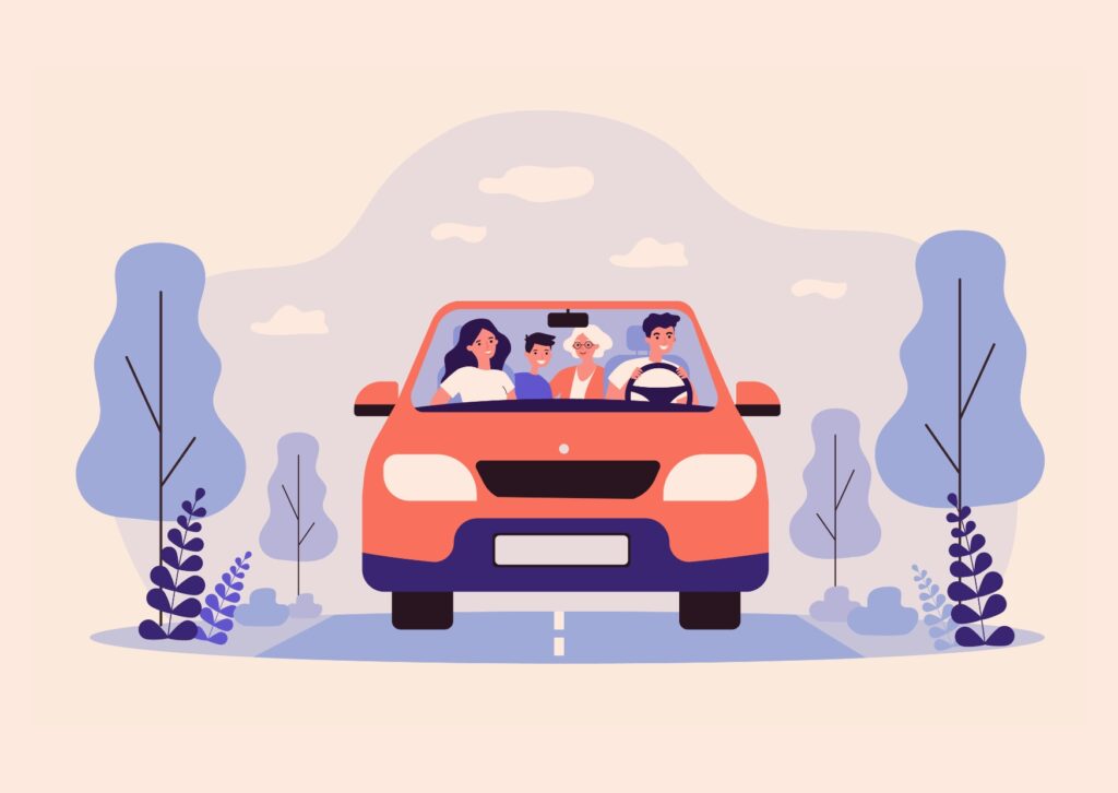 Illustration of four people in a red car with trees and mountains in the background for CRI car share.