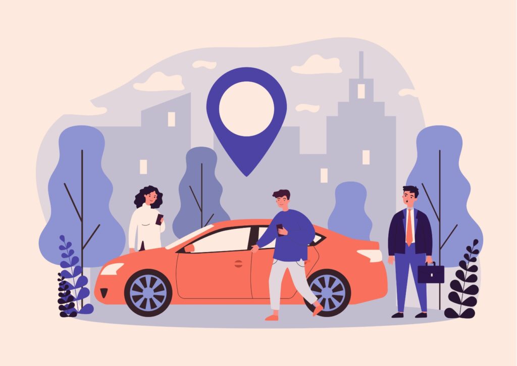 Illustration of three people ride sharing in a red car with trees and office buildings in the background for CRI ride share.