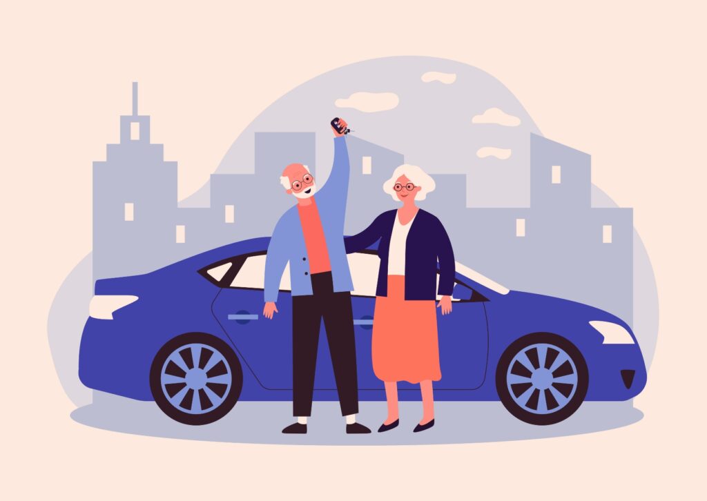 Illustration of a man standing with his partner holding up his car keys next to their blue car for CRI self-drive traditional.