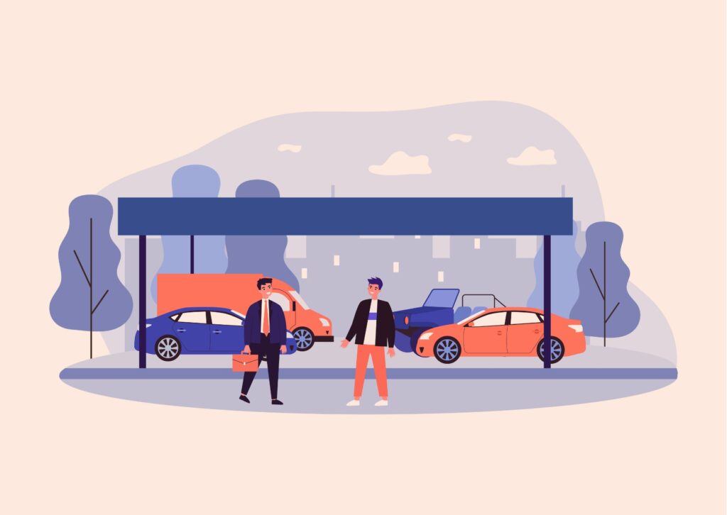 Illustration of two men standing in front of four different types of vehicles for CRI subscription services.